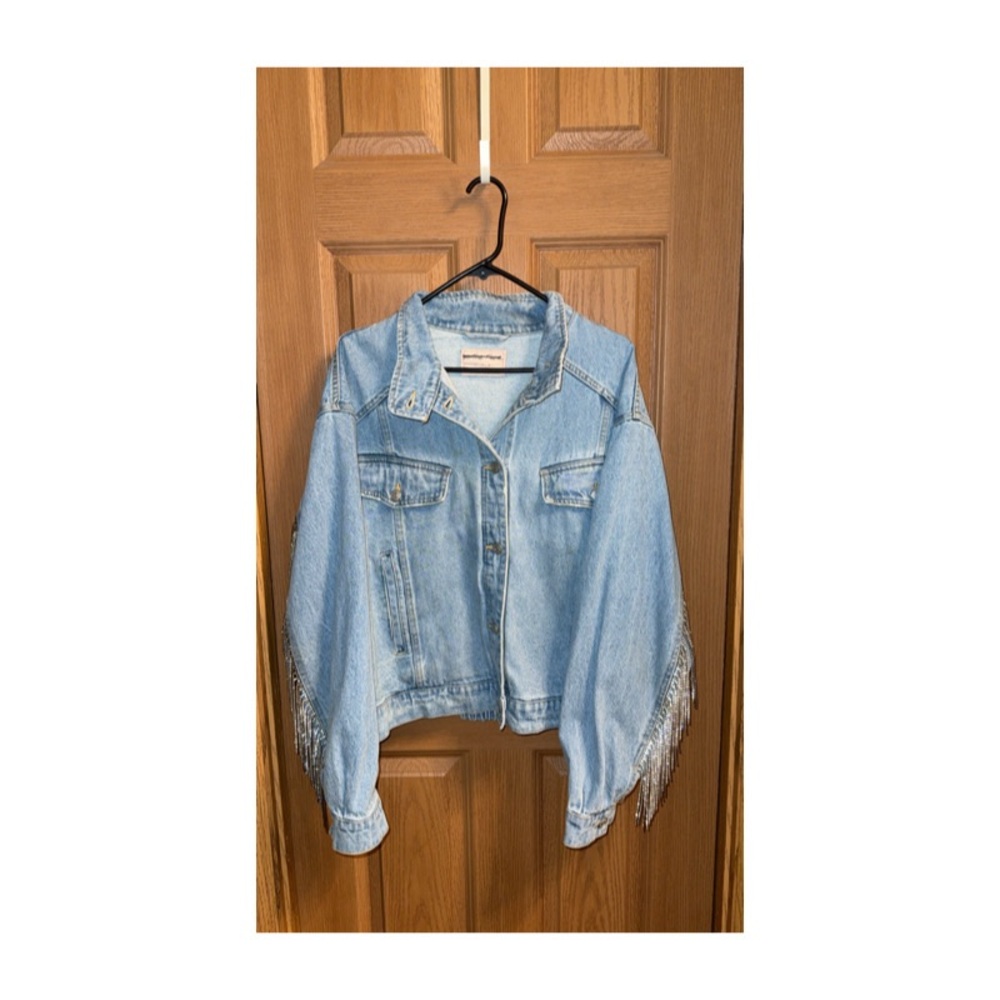 Free People Comet Rhinestone Fringe Denim Bomber Jacket